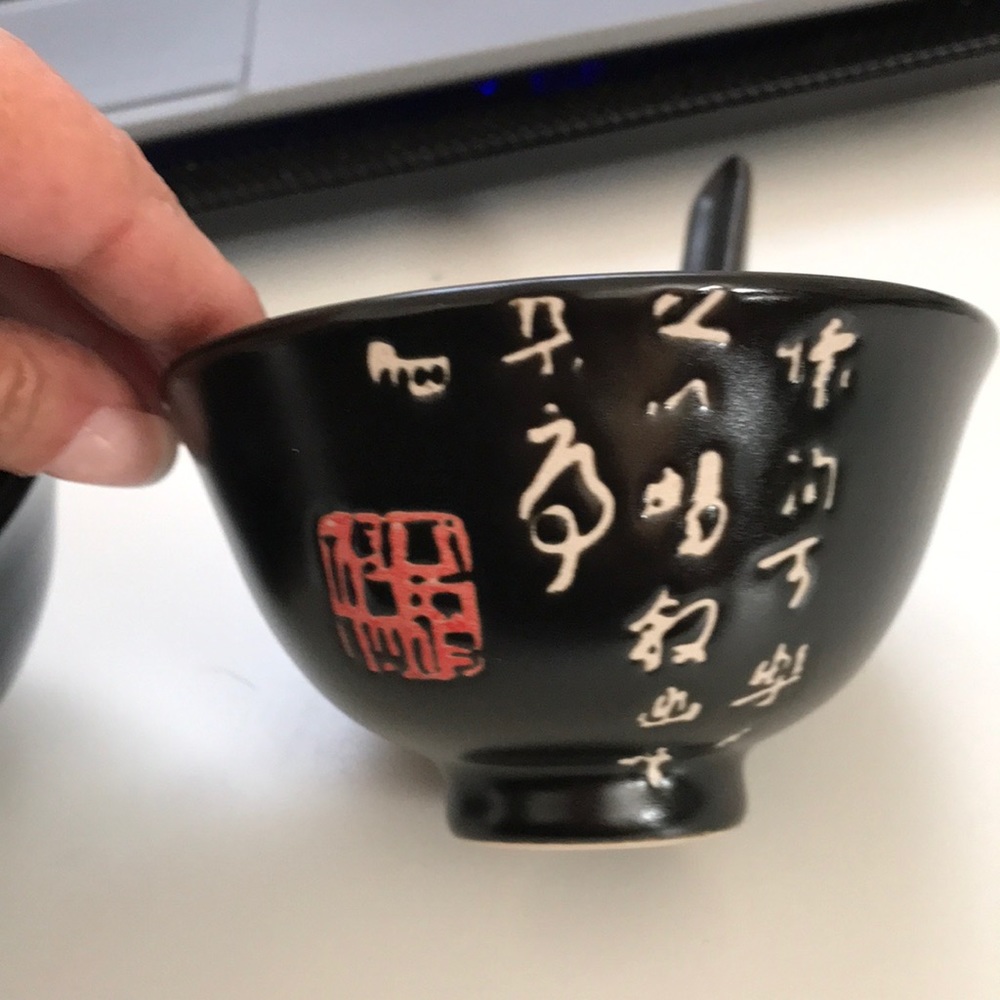 Set of 2 Chinese soup bowls and spoons